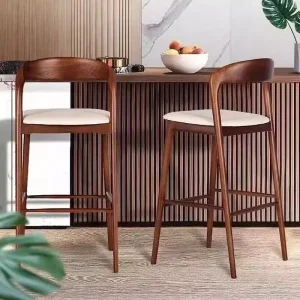 Nordic Solid Wood Bar Stool Light Luxury Minimalist Ash Wood Bar Chair in Walnut Color for Home and Bar