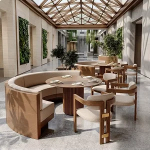 Nordic Solid Wood Cafe Furniture Coffee Shop Fast Food Banquette Booth Seating Sofa Dining Table Chairs for Restaurant