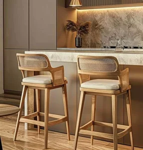 Nordic Style Ash Wood Rattan Weaving Synthetic Leather bar Stools Luxury Modern bar Chairs for Kitchen