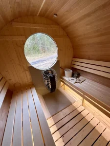 Nordic Style Barrel Sauna Cabin Outdoor Wood Burning Sauna with Double Bench Porch & Cedar Finish