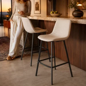 Nordic Style Beige Brown Leather with Tapered Metal Legs and Soft Cushion for Bar Stools for Kitchen