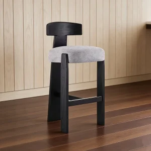 Nordic Style Black Bar Stool with Solid Wood Frame and Fabric Upholstered Seat Backrest for Hotel Restaurant Home Bar