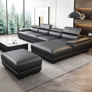 Nordic Style Cowhide Leather Sofa Contract Modular Living Room Couch with Solid Wood Frame for Commercial Projects