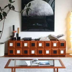 Nordic Style Danish Classic Mid Century Retro Color Block Solid Wood TV Cabinet with Storage Two Drawers Modular Design