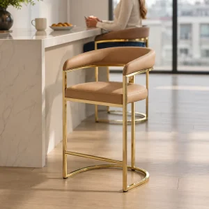 Nordic Style Elegant Grey Leather Gold Metal Legs High Stool for Home Restaurant Dining Counter Bar Stools for Kitchen