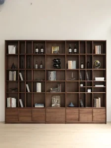 Nordic Style Full Wall Solid Wood Bookshelf Custom Floor to ceiling Walnut & Oak Library Cabinet for Living Room