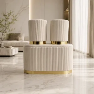 Nordic Style Pink Velvet Vanity Stool Set Luxury Pleated Decorative Round Stool And Bench With Gold Metal Rim For Living Room