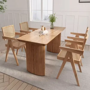 Nordic Style Solid Wood Dining Table and Chair Set with Rattan Back Armrest Long Dining Table for Restaurant