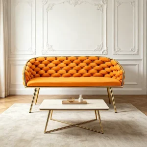 Nordic Style Velvet Accent Bench Velvet Upholstered Sofa with Hand Woven Curved Backrest Gold Legs