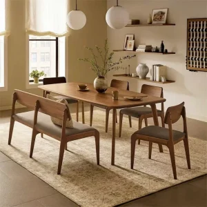 Nordic Style White Ash Wood Dining Set Bench Walnut Finish Fabric Upholstered Restaurant Furniture for Living Room Commercial