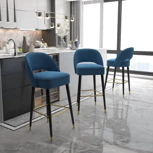 Nordic Tall Counter Furniture Metal Velvet Back Luxury Kitchen Leather Modern High Stool Bar Chairs Gold for Restaurant Hotel