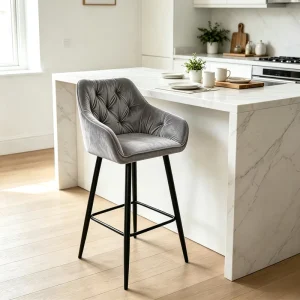Nordic Tufted Velvet Bar Stool Padded Bar Chairs with Black Metal Leg for Kitchen Home Bar Hotel