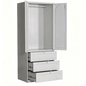 Nordic White Steel Wardrobe Closet Modern Freestanding Armoire Storage Cabinet Sliding Doors Hanging Rod Durable Large Capacity