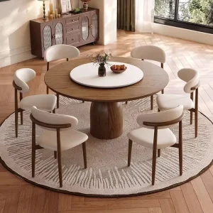 Nostalgic French Retro Solid Wood Round Dining Table Set with Lazy Susan Extendable 4 Chairs Dining Room Furniture Apartment
