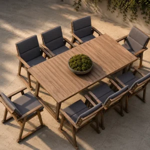 OEM Custom Modern Outdoor Teak Dining Table All Weather Solid Wood Waterproof Cushions Woven Strap Hotel Villa Resort Project