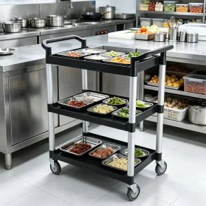 OEM Customizable 3 Tier Plastic Tube Service Trolley Mobile Serving Cart Stackable Catering Cart for Food Service Distributor