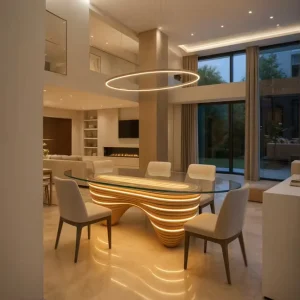 OEM Customized Parametric Wavy Layered Solid Wood Base Oval Glass Dining Table Custom Hotel Villa Furniture