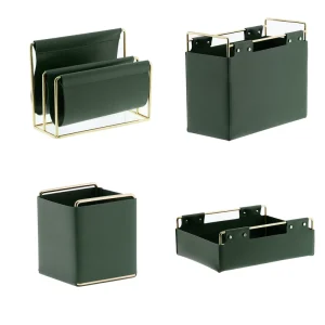 OEM Dark Green PU Leather Gold Iron Frame 4 in 1 Desk Storage Organizer Set For Office Craft Gift
