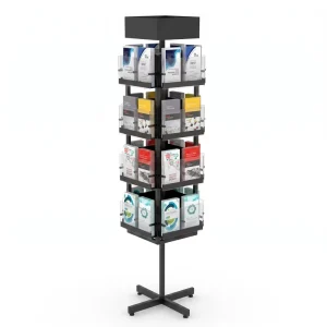 OEM Factory Custom 4 Tier Rotating Metal Brochure Display Stand with Acrylic Pockets Floor Standing Book Magazine Display Rack