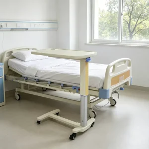 OEM Hospital Furniture Adjustable Overbed Table with Wheels for Patient Meal Serving and Bedside Medical Care
