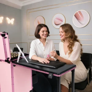 OEM ODM Black Pink Premium Metal Modern Classic Portable Manicure Tables for Nail Art and Pedicure Services Salon Use