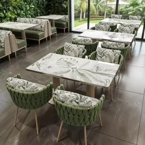 OEM ODM Catering Setup Leisure Armchair Modular Booth Seating Cushion Commercial Restaurant Furniture Dining Table Chairs Set