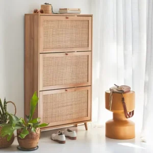 OEM ODM Factory Thin Flip up Shoe Cabinet Wooden Shoe Rack Shoe Rack with Rattan Door