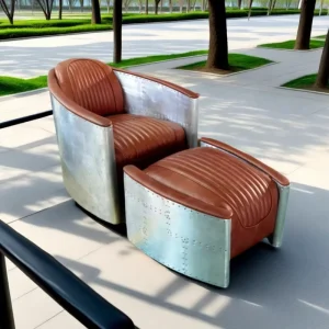 OEM ODM Industrial Leisure Lounge Chair Footstool Vintage Brown Genuine Leather Metal Aluminum Arm Hotel Villa Tufted Back