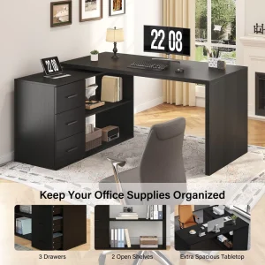 OEM ODM Modern Luxury Home Office Furniture Revolving Wood L Shape Computer Office Desk with Storage Shelves 3 Drawers