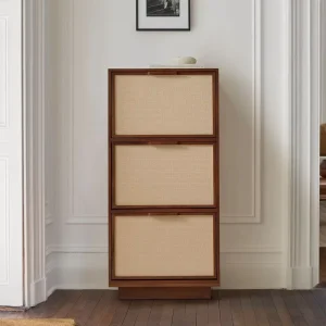 OEM ODM Modern Midcentury Wooden Walnut Rattan Shoe Flip Door Storage Cabinet Furniture for Entryway Hallway Living Room
