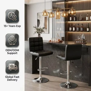 OEM ODM Support Bar Stools Grid Leather Chrome Metal Base Rotating Pneumatic for Executive Meeting Room Office
