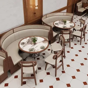 OEM Restaurant Furniture Set Arc Booth Solid Wood Seating Leather Dining Chairs Square Rectangular Dining Tables Hotel Mall