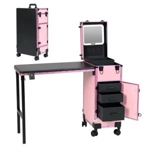 OEM Trolley Movable Nail Table With Lighted Mirror Manicure Desk with Drawer Makeup Case