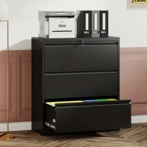 OVS 35″ Black 3 Drawer Lateral File Cabinet Wide Metal Filing Cabinet with Lock for Home Office Letter Legal A4