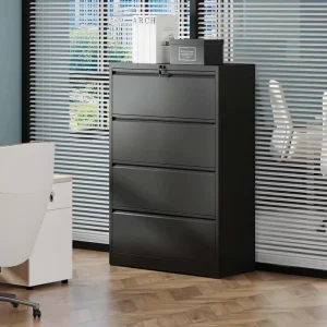 OVS 52″ Black 4 Drawer Lateral File Cabinet Locking Heavy Duty Metal Filing Cabinet for Home Office Letter Legal A4
