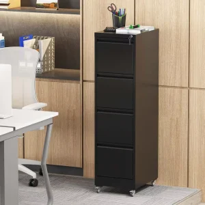 OVS 52″ Black 4 Drawer Vertical Filing Cabinet Metal Locking Storage with Wheels for Home Office Legal Letter Size