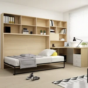 Oak Panel Modern Multifunctional Murphy Wall Bed Desk Folding Hidden Bed Storage for Apartment Hotel Space Saving Bedroom