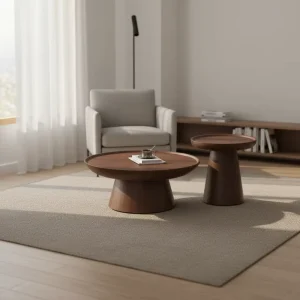 Oak Round Solid Wood Modern Durable Coffee Table with Walnut Finish Designer Italian Style for Living Room