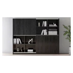 Oak Wood Veneer Wooden Multilayer Library Wall Bookcase Furniture with Sliding Rail Sliding Doors