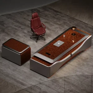 Office CEO Table Crystal Glaze Natural Burl Wood E1 MDF Boardroom Desk Touch Switch LED Executive Desk