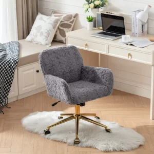 Office Chair Artificial Rabbit Hair Home Office Chair with Golden Metal Base Adjustable Desk Chair Swivel Office Chair