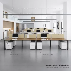 Office Desk Workstation 4 Person Bench with Fabric Screen and Lockable Drawer for Bank Office