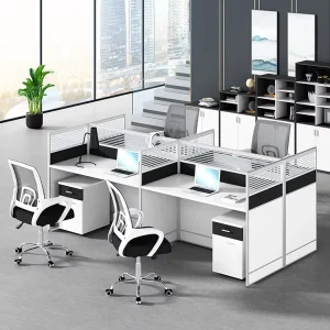 Office Divider Call Center Cubicles 4 Person Workstation With Glass Divider With 3 Drawer Pedestal