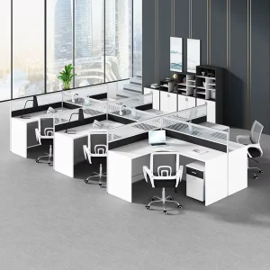 Office Divider Cubicles L Shape 6 Person Workstation With Glass Divider With 3 Drawer Pedestal