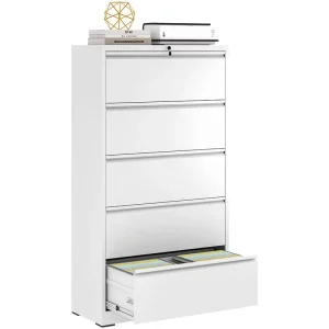 Office Durable 5 Drawer File Cabinet White Metal Lateral File Cabinet with Lock Lockable Home Office & Workshop Filing Cabinet