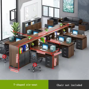 Office Furniture Dark Wood Grain Work Station Desk Office Cubicle Workstation Staff Table T Shaped for 6 Person