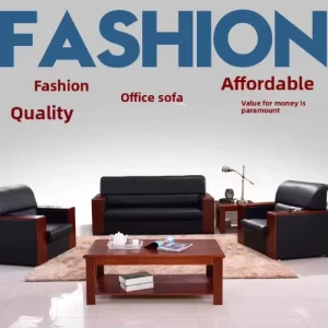 Office Leather Sofa Coffee Table Set New Chinese Style Wood Skeleton Frame Commercial Medium density Foam Sponge Minimalist