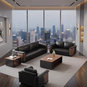 Office Sofa Coffee Table Set Simple Modern Genuine Leather Wooden Frame High Elastic Foam Sponge