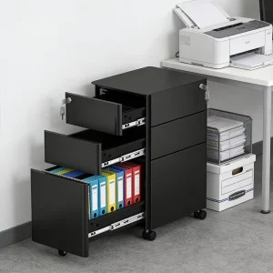 Office Storage Filing Cabinet with 3 Drawers, Lockable Filing Cabinet, Steel Movable Vertical Cabinet with Wheels