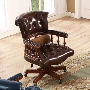 Oil Wax Leather Executive Office Chair Solid Timber Base Padded Boss Seating for Villa Study